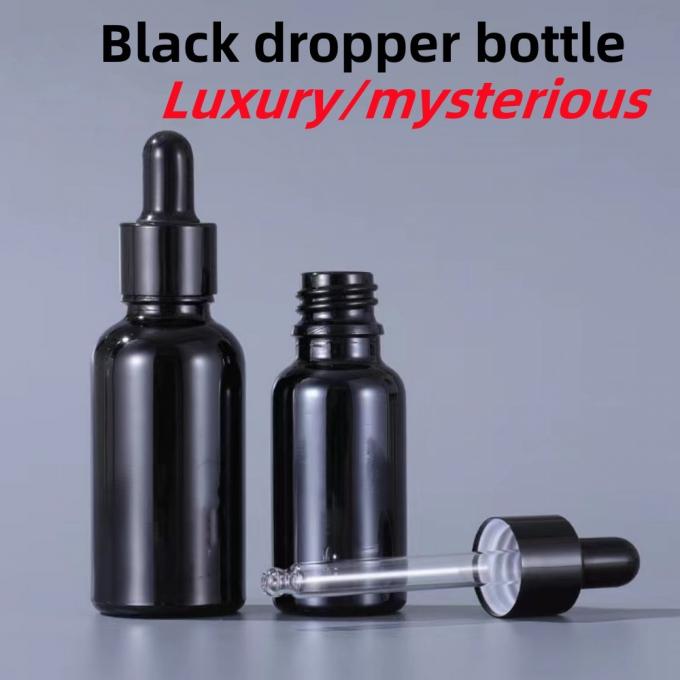 Hot Stamping 1oz 10ml 20ml 30ml 50ml Black Shiny Black Glass Dropper Bottle for Essential Oil
