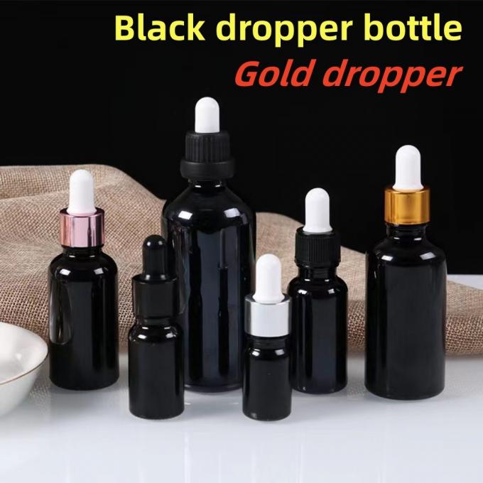 Hot Sale 5ml 10ml 15ml 20ml Essential Oil Serum Flat Shoulder Round Shiny Black Glass Dropper Bottle with Pipette