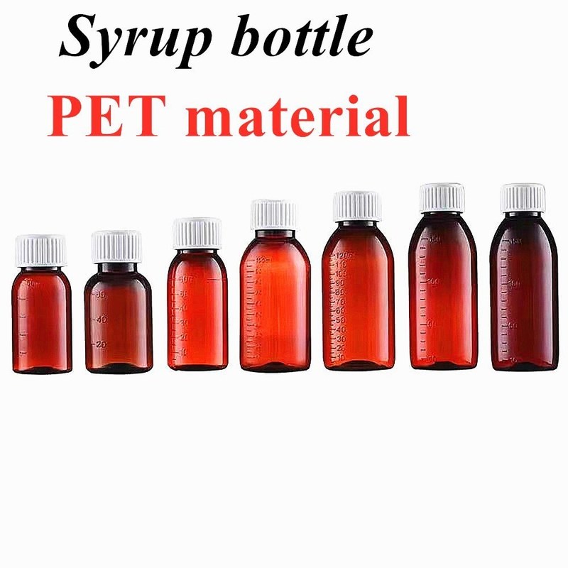 100 ml 250 ml de medicamento líquido de color ámbar botella PET para jarabe para la tos con taza de medida botella de plástico para jarabe para la tos