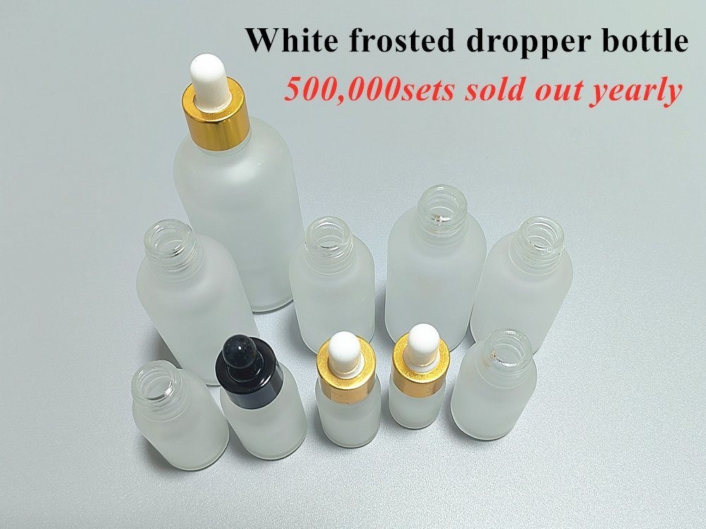 10 ml 20 ml 30 ml Vacío Redondo de vidrio blanco helado Botella de aceite esencial para el cuidado de la piel del cabello Suero Cosmético Uso con gotero