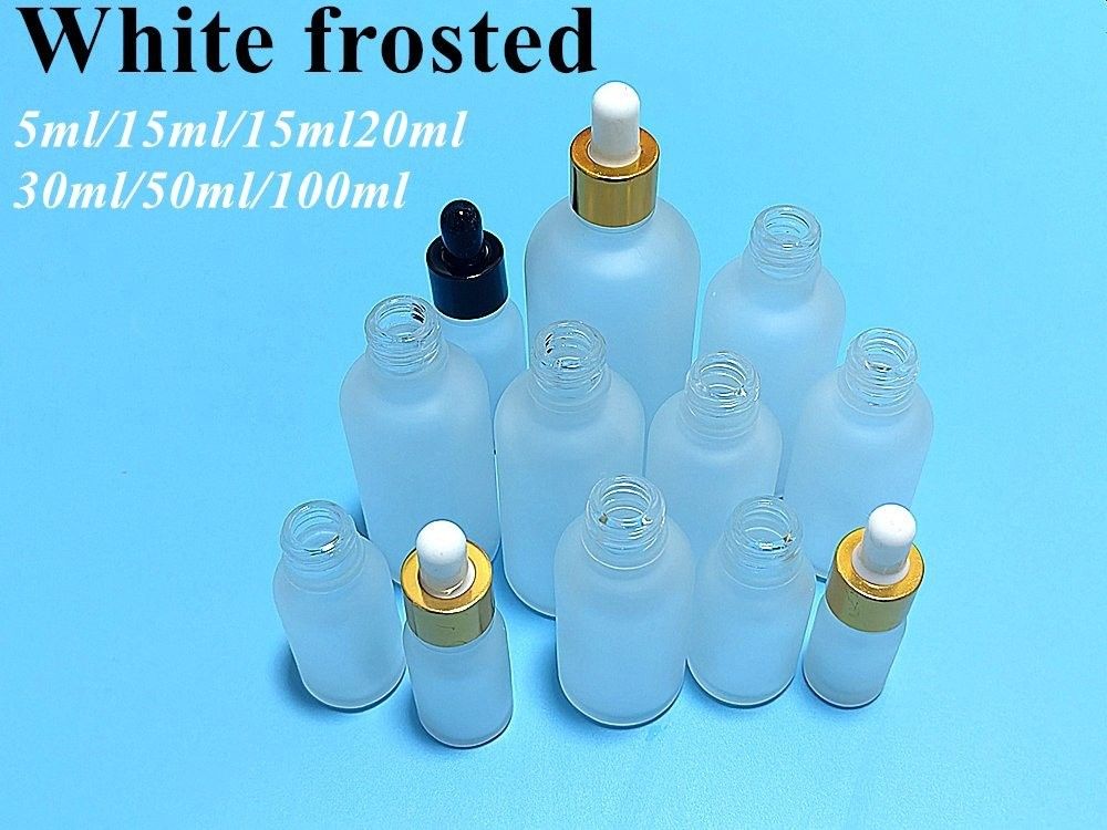 5 ml 10 ml 15 ml 20 ml 30 ml botella de aceite esencial vacía de 1 oz botella de gotero de vidrio helado blanco botella con tapa de gotero de anillo de oro