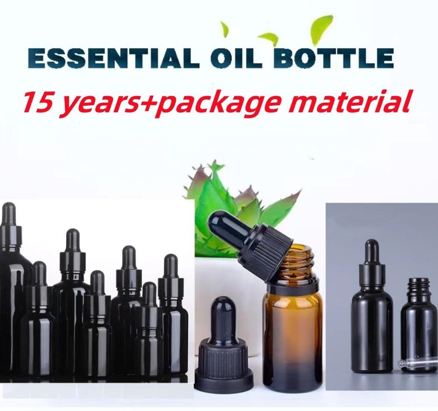 Botella de aceite esencial redonda vacía de 10 ml, 20 ml, 30 ml y 50 ml Botella de goteo de vidrio negro brillante con piegette de vidrio calibrado
