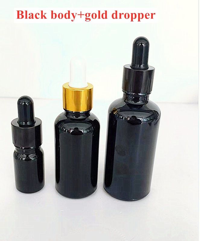 Botella de aceite esencial redonda vacía de 10 ml, 20 ml, 30 ml y 50 ml Botella de goteo de vidrio negro brillante con piegette de vidrio calibrado