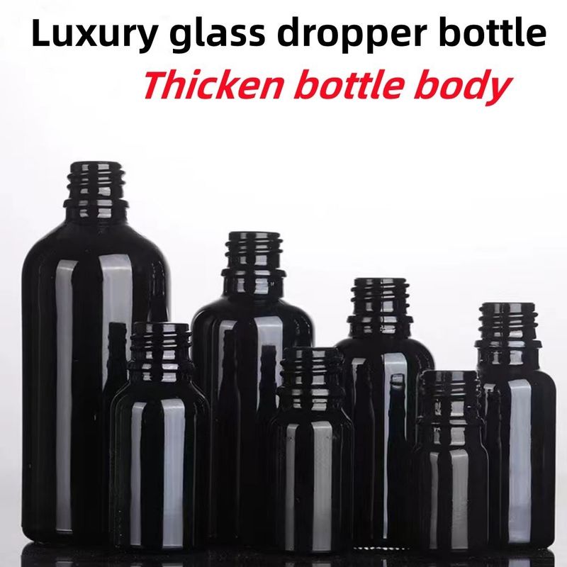 Negro 10, Ml 15ml 20ml 30ml 50ml vacío, redondo, negro y brillante Botella de goteo de vidrio de aceite esencial con anillo de plástico dorado