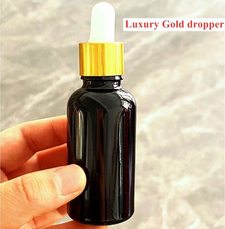 Negro 10, Ml 15ml 20ml 30ml 50ml vacío, redondo, negro y brillante Botella de goteo de vidrio de aceite esencial con anillo de plástico dorado