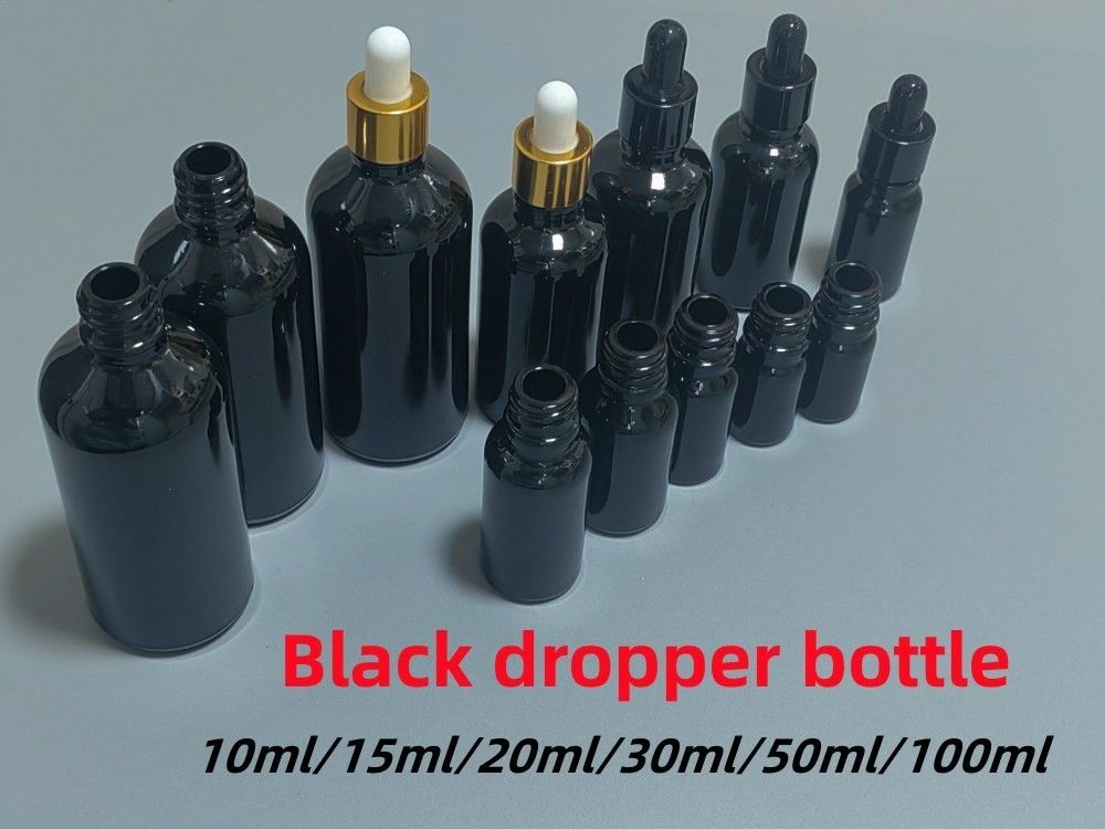 Negro 10, Ml 15ml 20ml 30ml 50ml vacío, redondo, negro y brillante Botella de goteo de vidrio de aceite esencial con anillo de plástico dorado