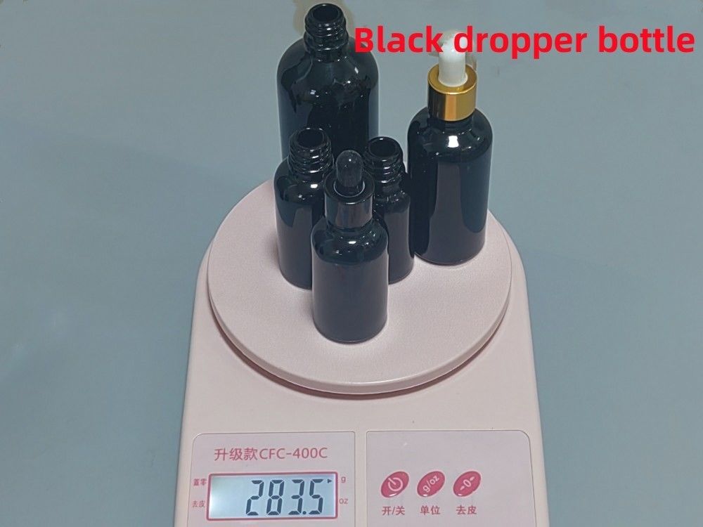 Negro 10, Ml 15ml 20ml 30ml 50ml vacío, redondo, negro y brillante Botella de goteo de vidrio de aceite esencial con anillo de plástico dorado