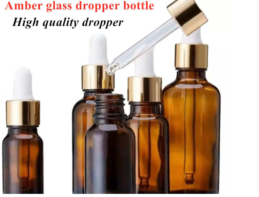 Botella de vidrio cosmético de color ámbar Serum gotero botella de 30 ml 50 ml 60 ml de color ámbar lujo aceite esencial botella de vidrio con cabeza de gotero negro