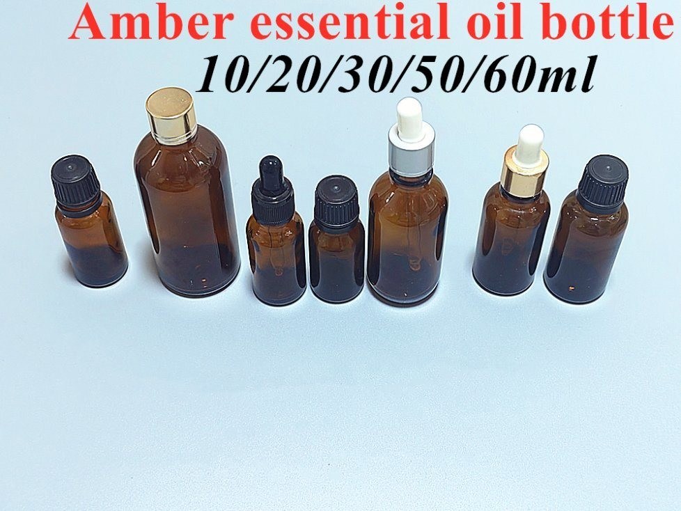 Venta caliente de vidrio vacío de lujo de color ámbar marrón 10ml 15ml 20ml 30ml 50ml 60ml botella de aceite esencial de vidrio para el paquete de suero