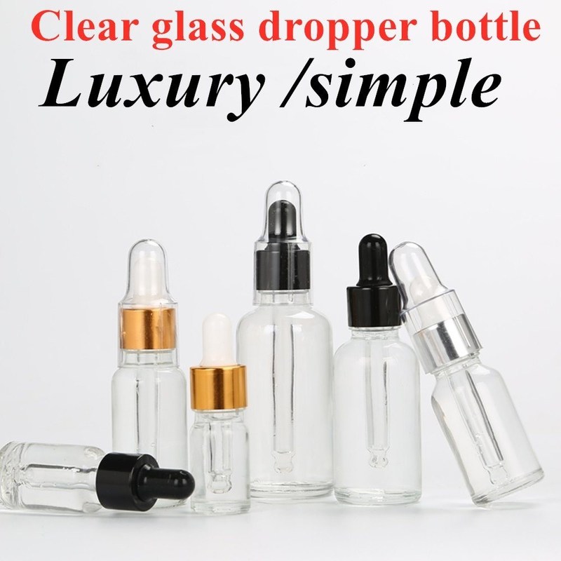 15 ml 20 ml 50 ml 100 ml de lujo vacío Claros transparentes Suero para cabello Aceite esencial Botella de vidrio de goteo para el cuidado de la piel