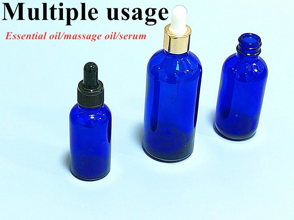 Botella de vidrio de vidrio cosmético con goteador de suero azul 20 ml 30 ml 50 ml Botella de vidrio de lujo de aceite esencial con goteador