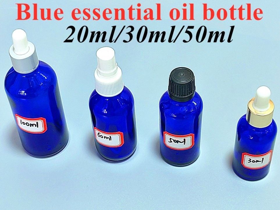 Botella de vidrio de vidrio cosmético con goteador de suero azul 20 ml 30 ml 50 ml Botella de vidrio de lujo de aceite esencial con goteador