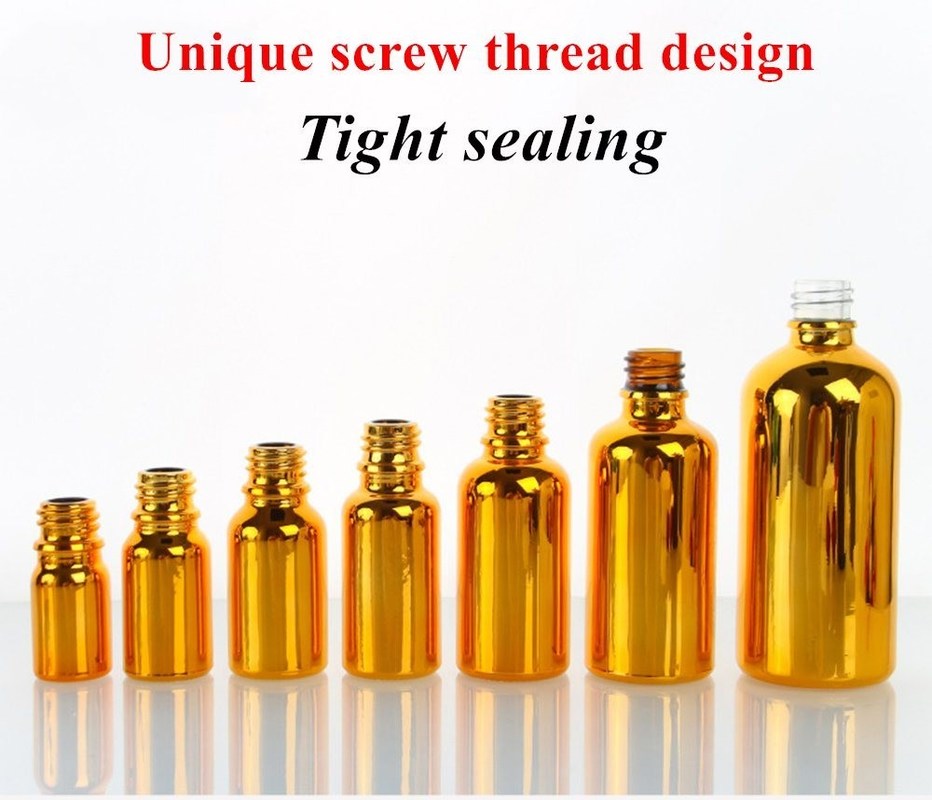 Lujo Brillante 30ml 50ml 60ml Oro Electroplata UV Suero vidrio dorado Aceite esencial Botella goteadora de vidrio con cabeza de aerosol