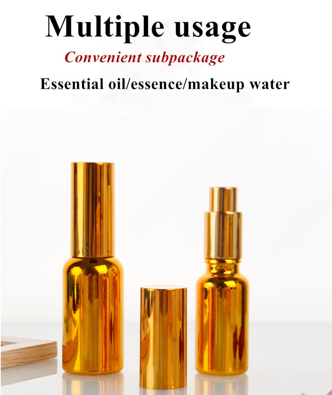 Lujo Brillante 30ml 50ml 60ml Oro Electroplata UV Suero vidrio dorado Aceite esencial Botella goteadora de vidrio con cabeza de aerosol