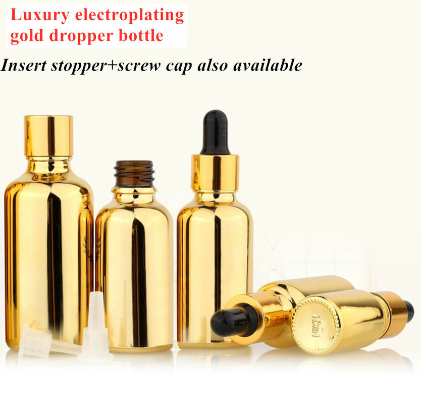 20 ml 30 ml 50 ml Vacío Reutilizable Electroplacado Oro Cosmético Envase suero Aceite esencial para el cuidado de la piel Botella de gotero de vidrio