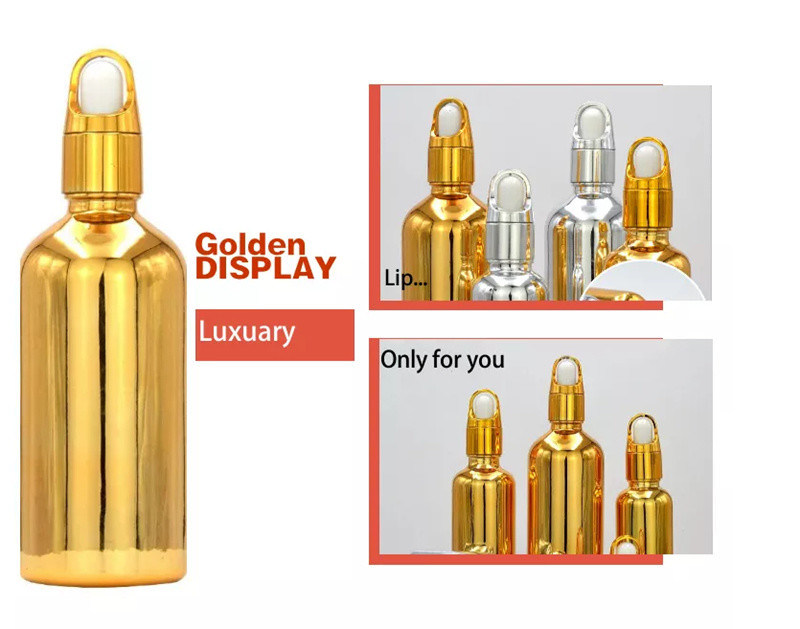 10 ml 20 ml 30 ml 50 ml Botella de aceite esencial de oro electroplacado Botella pequeña de oro Cosméticos Botella de gotero de vidrio