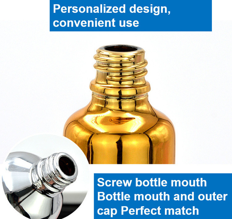10 ml 20 ml 30 ml 50 ml Botella de aceite esencial de oro electroplacado Botella pequeña de oro Cosméticos Botella de gotero de vidrio