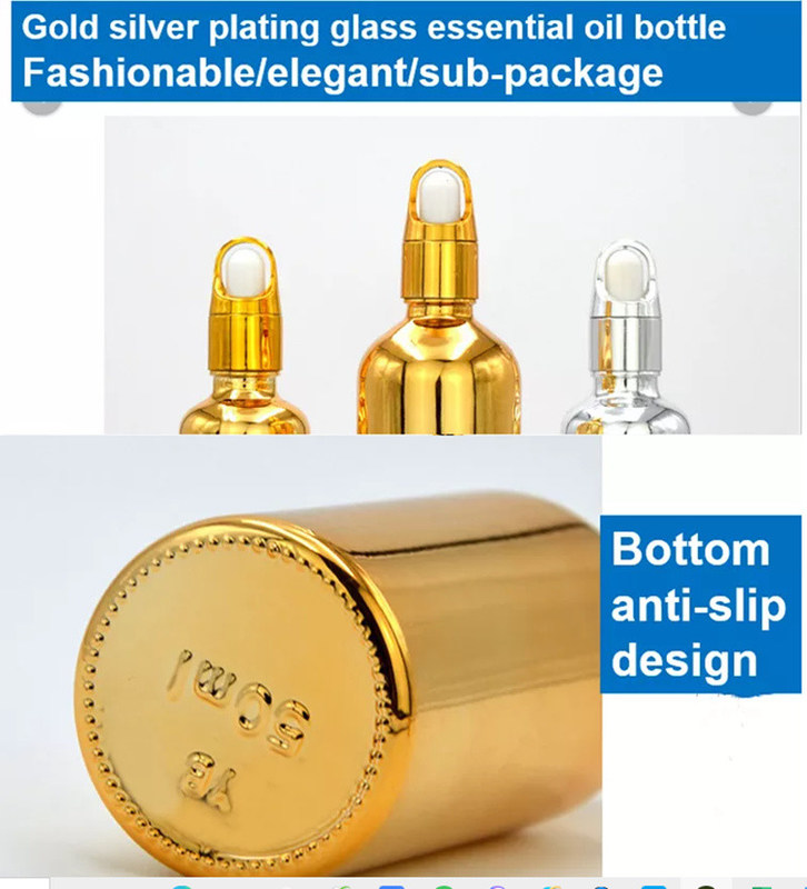 10 ml 20 ml 30 ml 50 ml Botella de aceite esencial de oro electroplacado Botella pequeña de oro Cosméticos Botella de gotero de vidrio