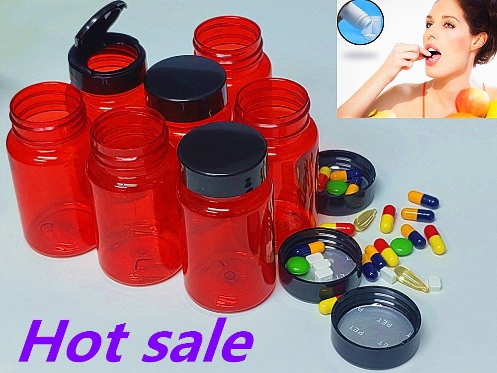 Medicamento para el cuidado de la salud Botella de píldoras 100 ml PET Capsula de plástico rojo Embalaje Vitamina Botella de píldoras Botella con tapa de tornillo