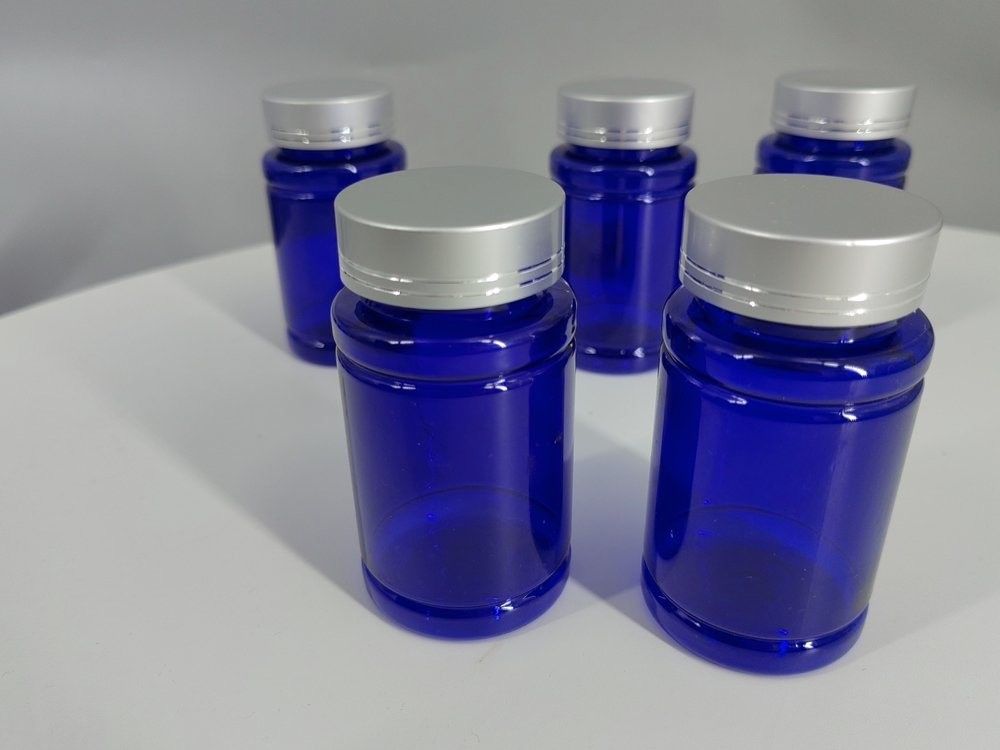 Botella de plástico de suplemento vitamínico PET cápsula tableta botella de píldora azul 100 ml 120 ml recipiente de plástico botella de medicamento