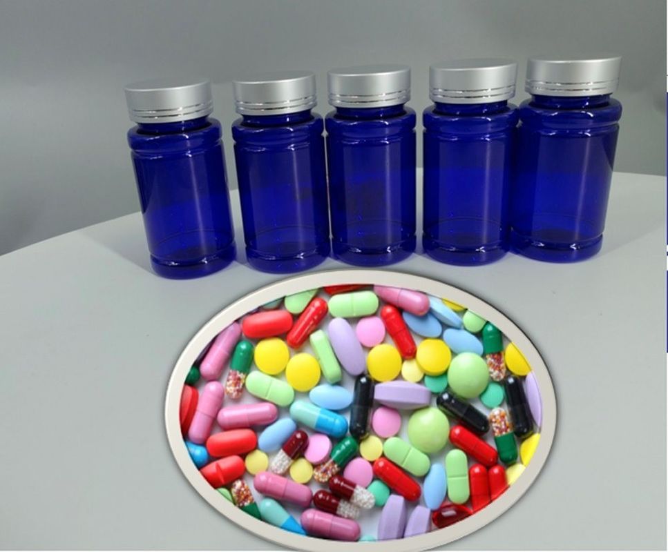 Botella de plástico de suplemento vitamínico PET cápsula tableta botella de píldora azul 100 ml 120 ml recipiente de plástico botella de medicamento