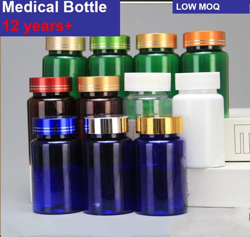Botella de cápsulas de plástico azul PET de 100 ml con tapa de tornillo de plata Botella de medicamento de suplemento vitamínico