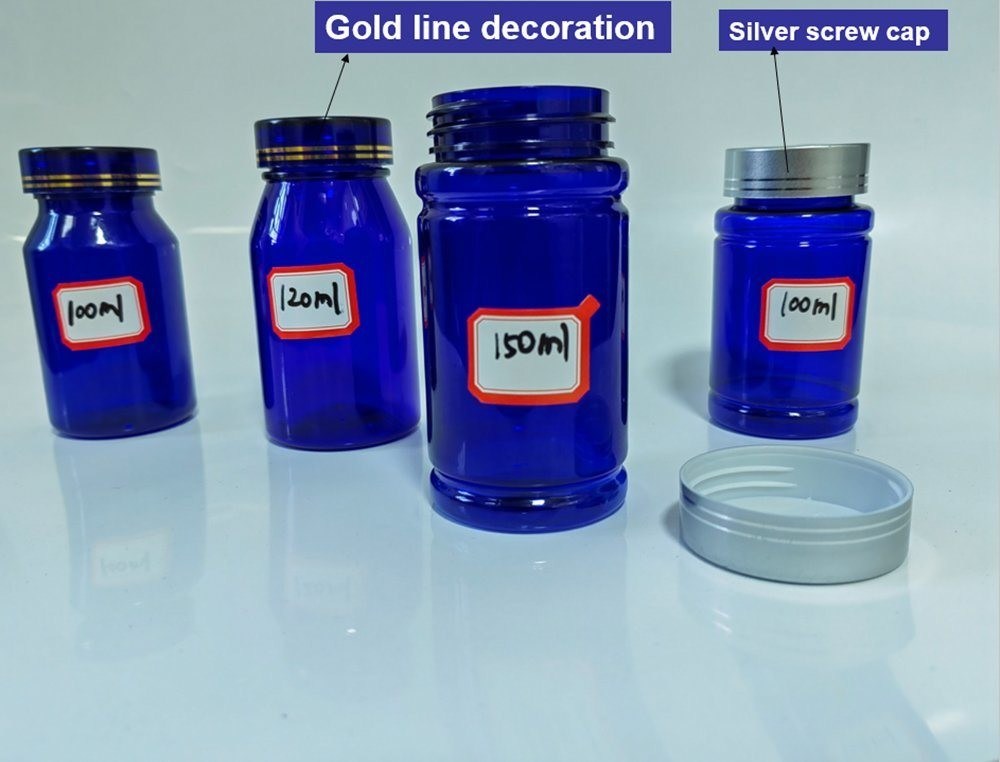 Botella de plástico de 100cc 120cc 150cc para píldoras cápsulas transparente azul para mascotas botella de plástico recargable de dosis sólida