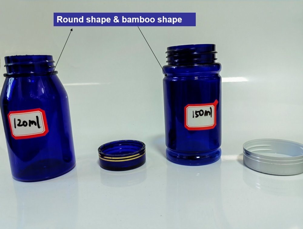 Botella de plástico de 100cc 120cc 150cc para píldoras cápsulas transparente azul para mascotas botella de plástico recargable de dosis sólida