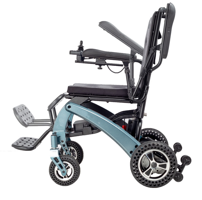 Adultos discapacitados viajes portátiles de peso ligero plegable control remoto silla de ruedas eléctrica con control de joystick